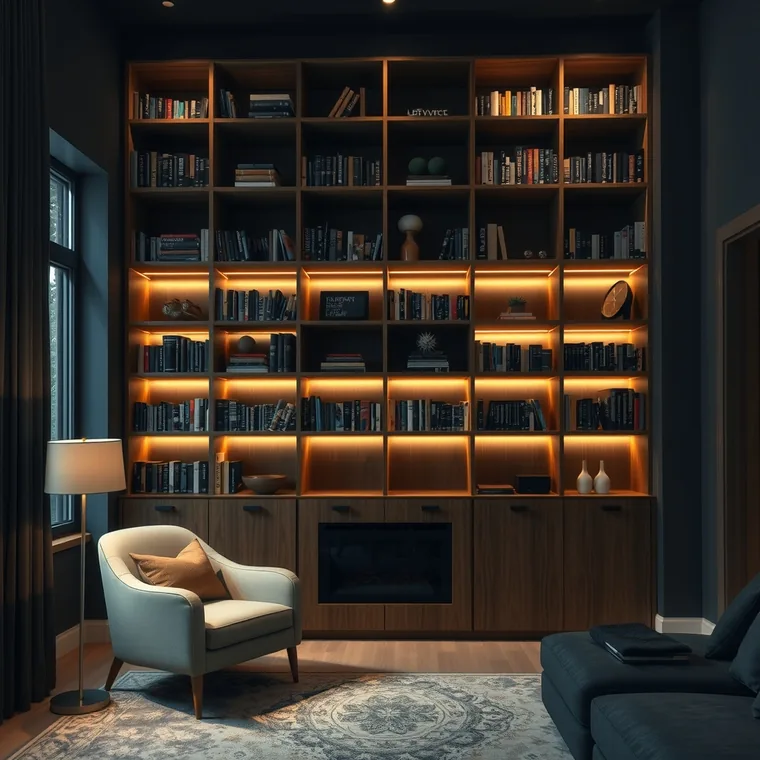 Biblioteca de piso a techo en madera cálida con luz integrada y sillón de lectura