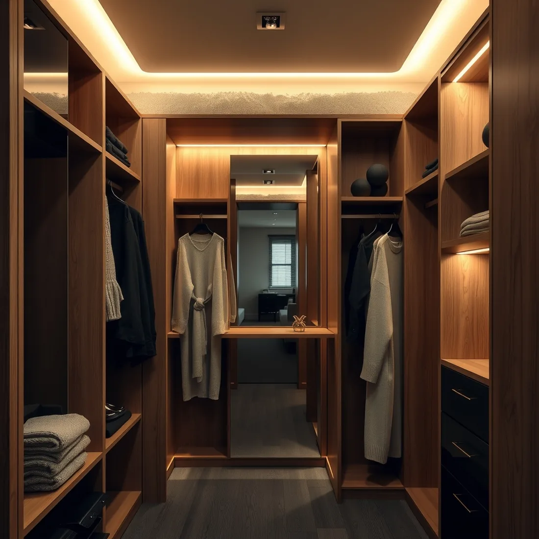 Vestidor con módulos abiertos de roble, barrales, cajonera y luz LED cálida